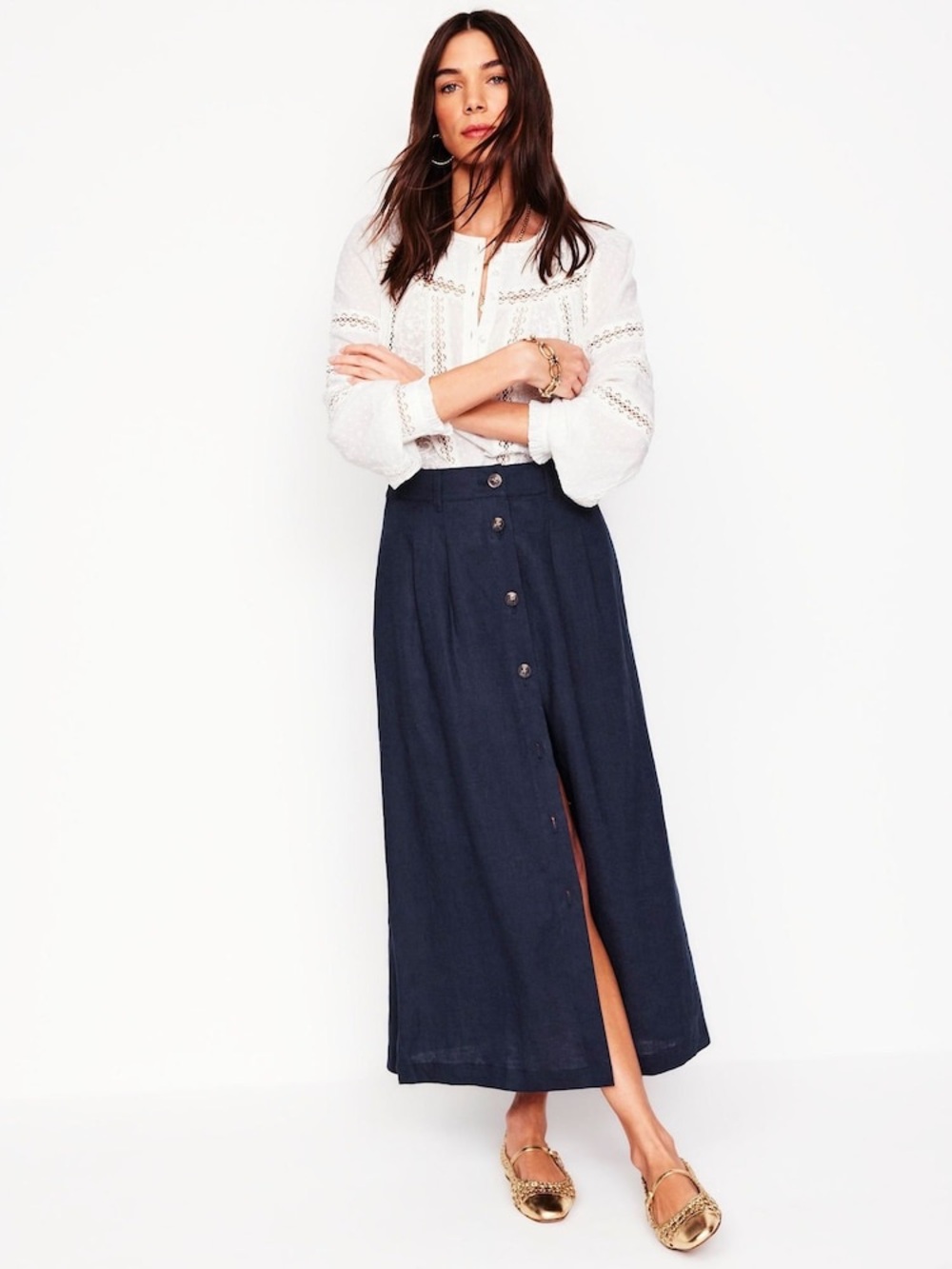 Boden Navy Blue Thomasina 100% Linen Midi Skirt Coastal Flowy Size 16-18 Summer - Picture 8 of 8